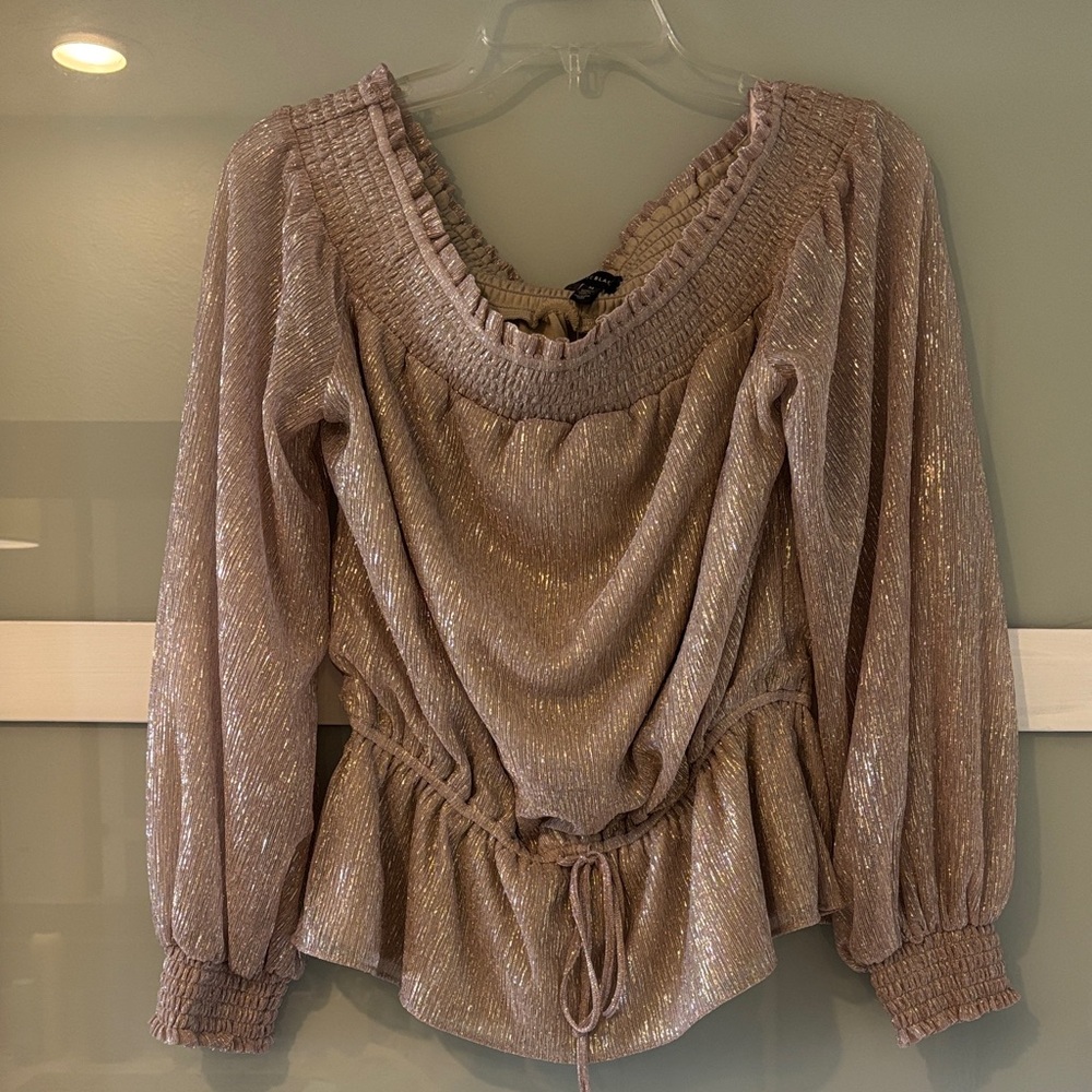 Woven Metallic Long-Sleeve Peplum Top - Taupe - White House Black Market